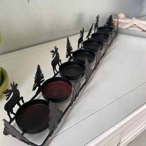 Metal Tea Light Holder For Seven Candles With Reindeers and Pine Trees
